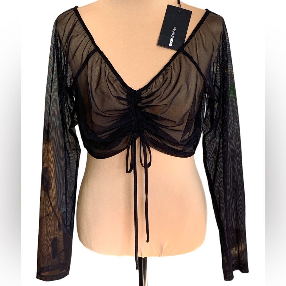 Fashion Nova Oasis Ruched Mesh Cover Up Black Top Size 2X NWT
